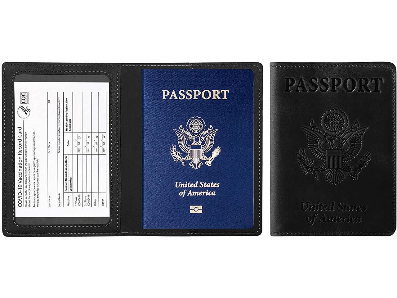 Black Passport and Vaccine Card Holder Combo Genuine Leather Passport Holder with Vaccine Card Slot Travel Document Organizer For Men 