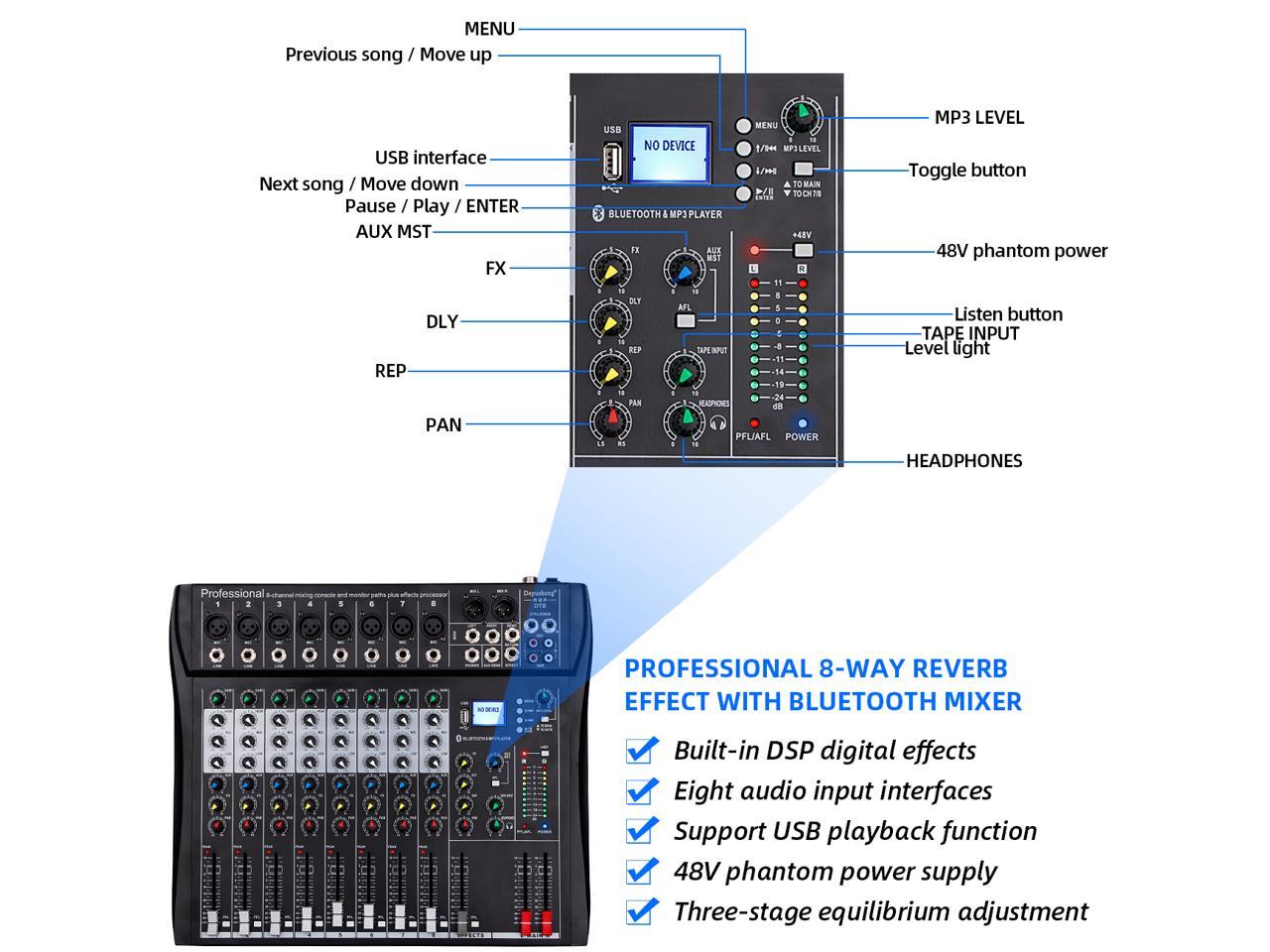 Depusheng DT8 Professional auido mixer 8 channel dj sound mixer console ...