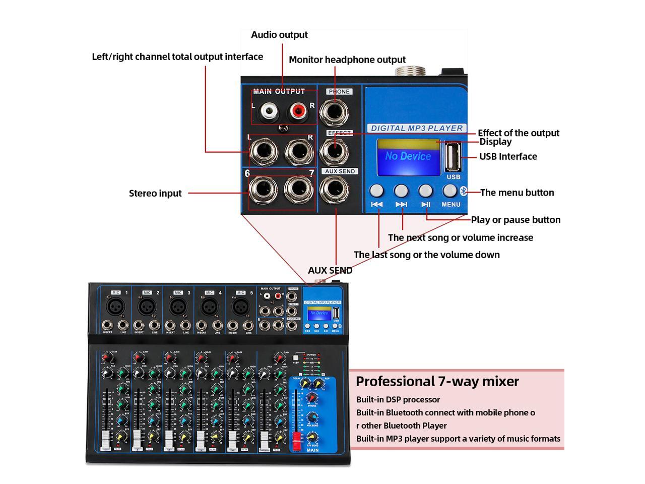 Depusheng HT7 Audio Mixer Portable Bluetooth USB DJ Sound Mixing