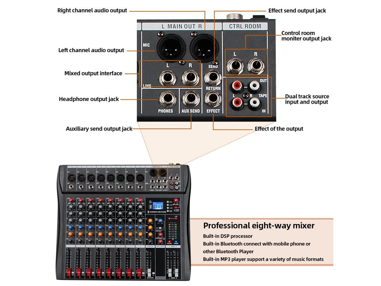 Depusheng DX8 Professional 8 channel audio mixer with Bluetooth USB MP3 ...