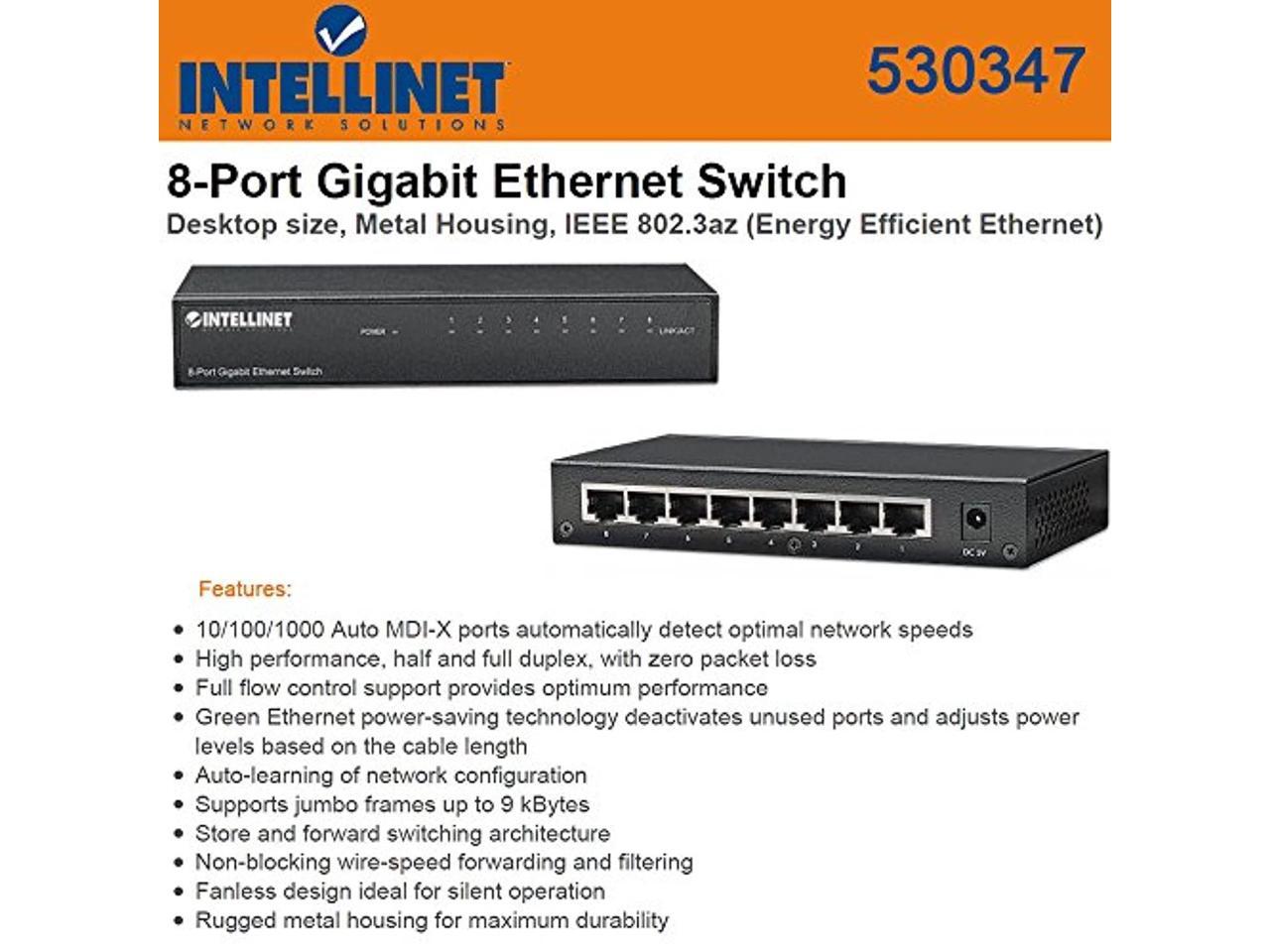 Intellinet 530347 8-Port Gigabit 10/100/1000 Mbps Ethernet Desktop Switch 