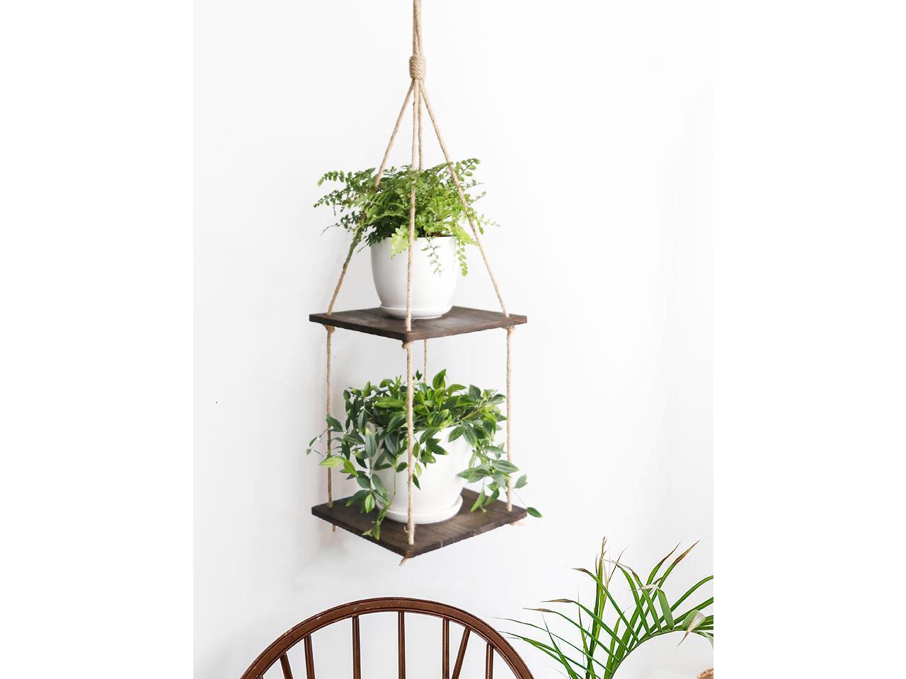 2 Tier Hanging Plant Shelf Wood Planter Hanger Pot Holder With Jute