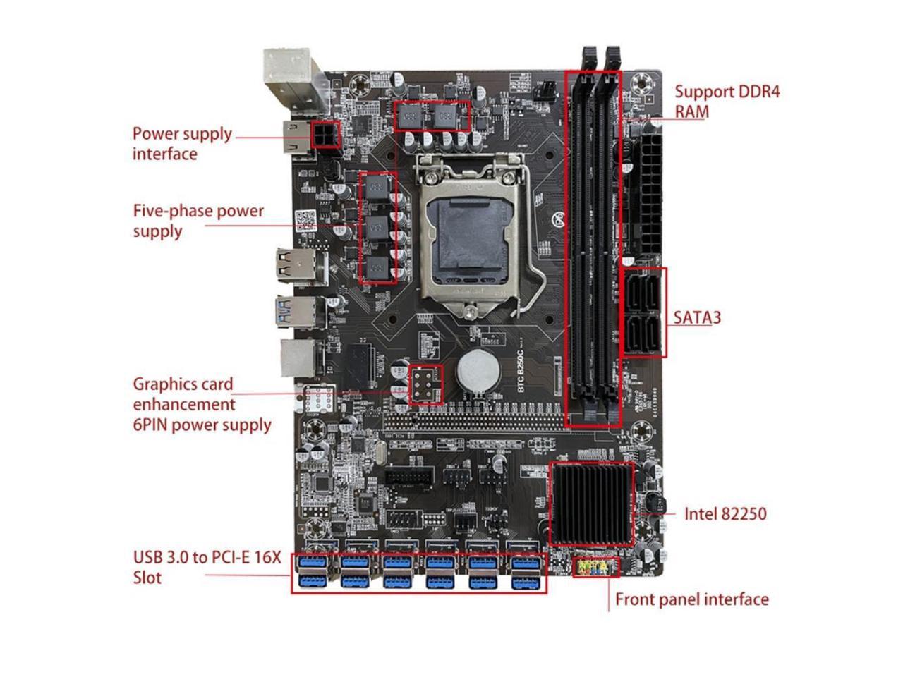 B250C BTC Mining Motherboard 12 USB3.0 to PCI-E 16X Graphics Slot LGA ...