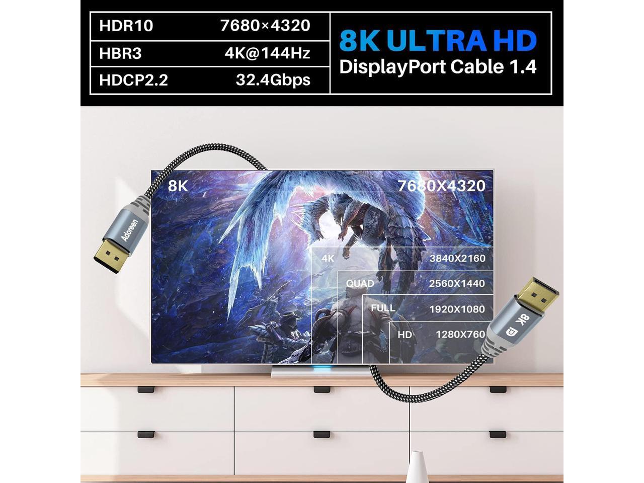 HBR3 HDCP2.2 HDR 32.4Gbps DP to DP Compatible 3D Laptop PC TV Gaming Monitor with 5 Velcro Cable Ties 4K@144Hz 2Pack for 8K@60Hz Adoreen UHD DP Cable 10feet 8K DisplayPort Cable 1.4 2K@240HZ 