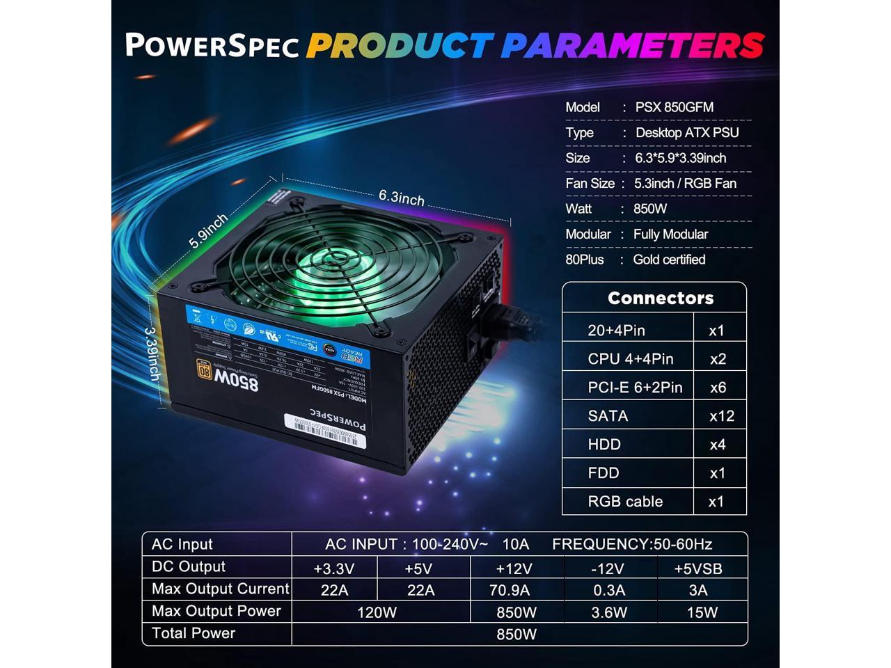 PowerSpec 850 Watt 80 Plus Gold Fully Modular ATX Power Supply with RGB