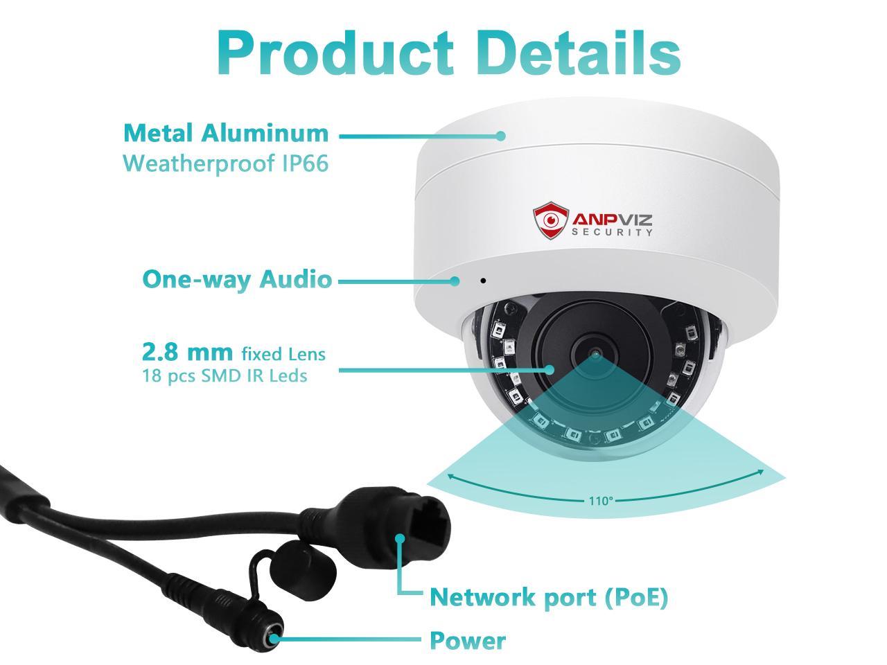 Anpviz 5MP PoE IP Dome Camera with Microphone Compatible Hikvision #IPC-D250W-S IP Security Camera Outdoor Night Vision 98ft Weatherproof IP66 Indoor Outdoor ONVIF Compaliant Wide Angle 2.8mm Audio
