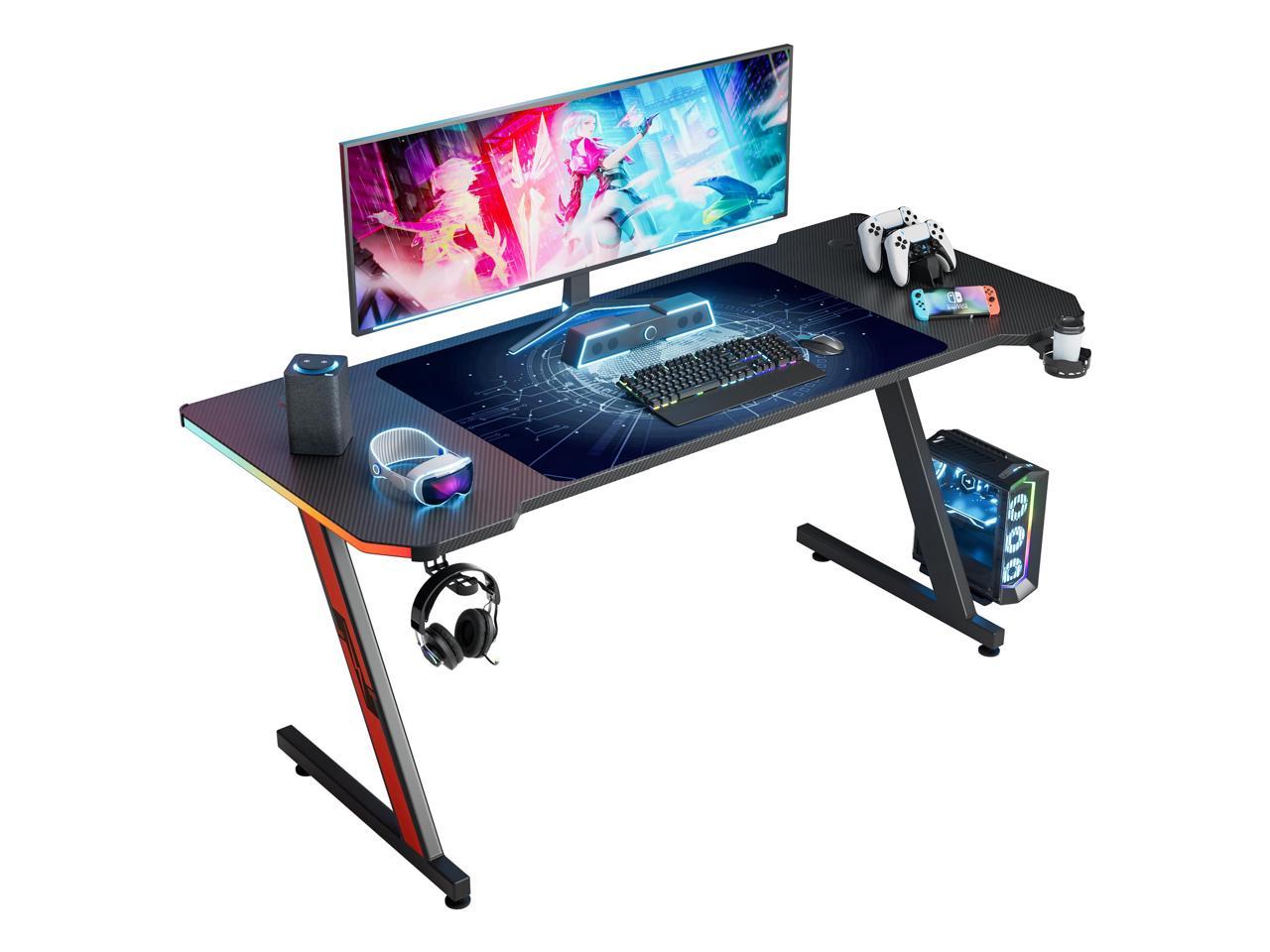 Homall 63 Inches Z-Shaped Gaming Desk with RGB Lights, Carbon Fiber ...