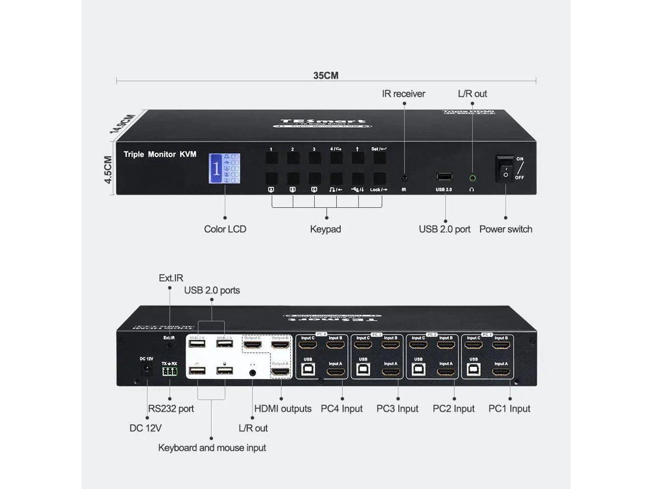 TRIPLE MONITOR KVM 4PORT4K 60HZ UHD 4 Computers x 3 Monitor AUDIO