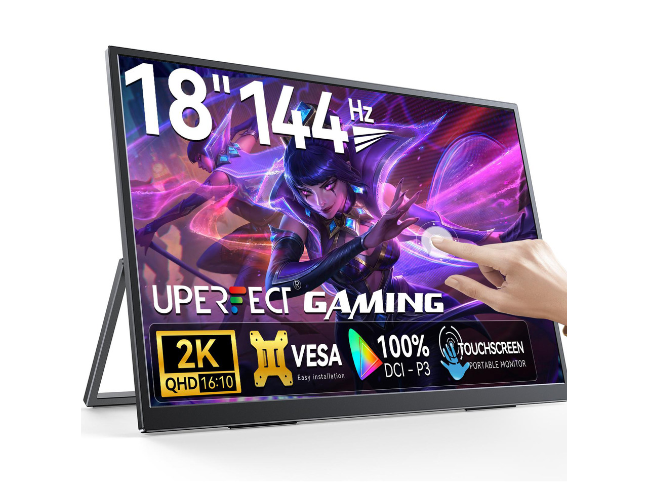UPERFECT 18" 2K 144Hz Portable Touchscreen Gaming Monitor - QHD 2560x1600, 100% DCI-P3, FreeSync, HDR, VESA, Slim Frameless, for PC, Laptop, Console, Phone
