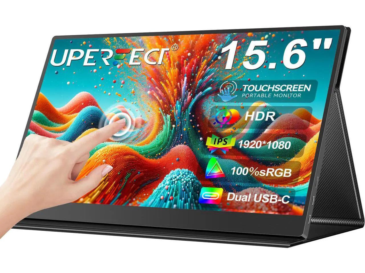 Refurbished: UPERFECT 15.6 Inch Touchscreen Portable Monitor FHD 1080P IPS 10-Point Touch Screen Monitor & Speakers, HDMI USB C Eye-Care Travel External for Laptop Computer PC Phone Switch, VESA & Smart Cover
