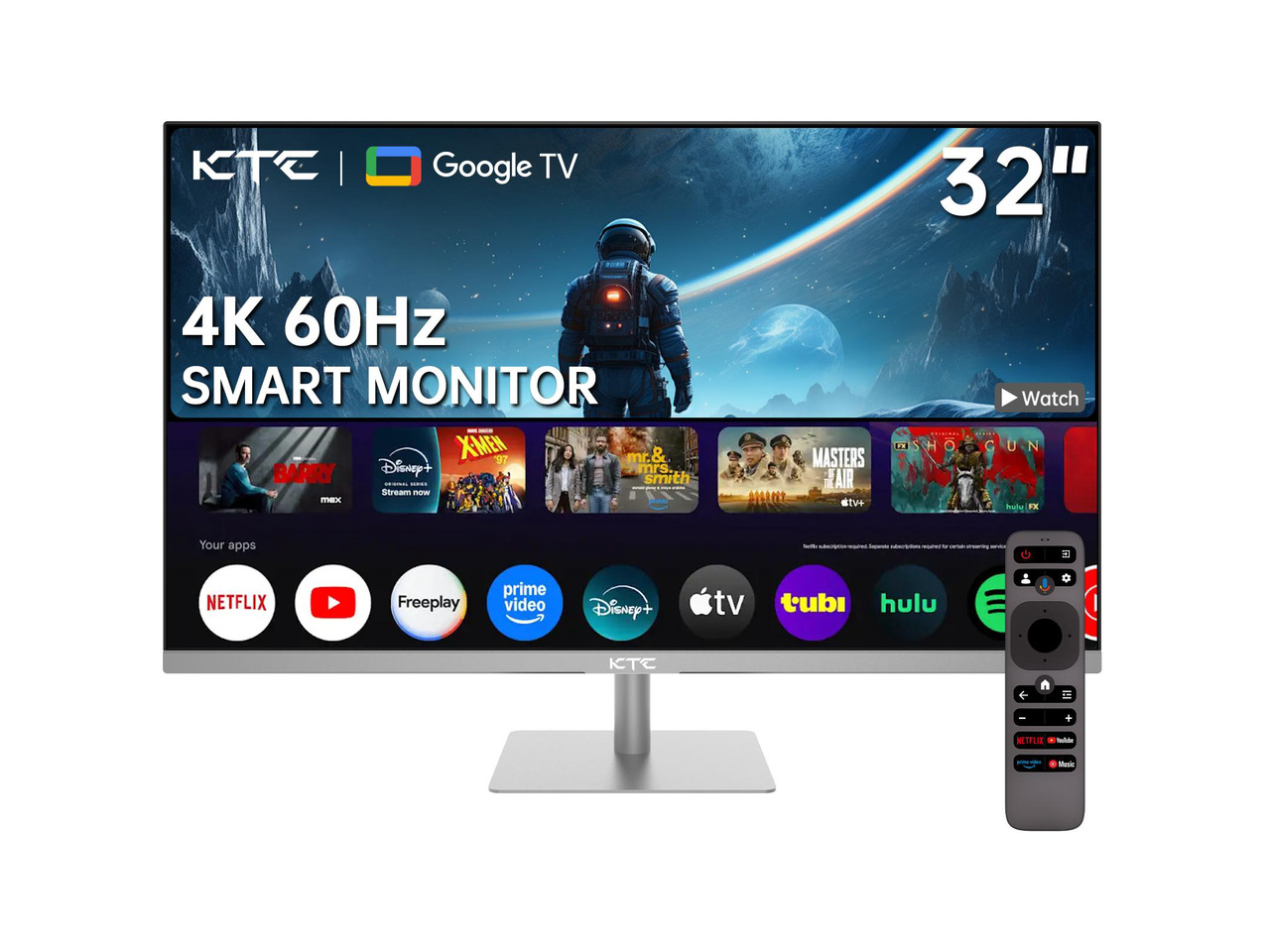 KTC 32 Inch 4K Smart Monitor, Google TV System UHD (3840x 2160) Smart TV with Speakers, Netflix Licensed, Type-C 65W PD, WirelessDisplay, HDR, Bluetooth, Hey Google Voice Remot, VESA Support, A32Q8