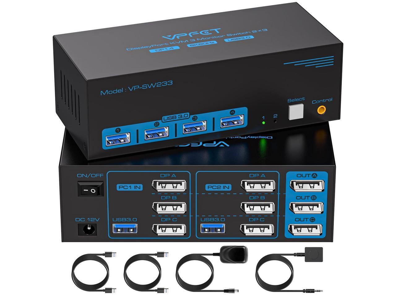 4K120Hz Displayport KVM Switch 3 Monitors 2 Computers 8K60Hz DP KVM