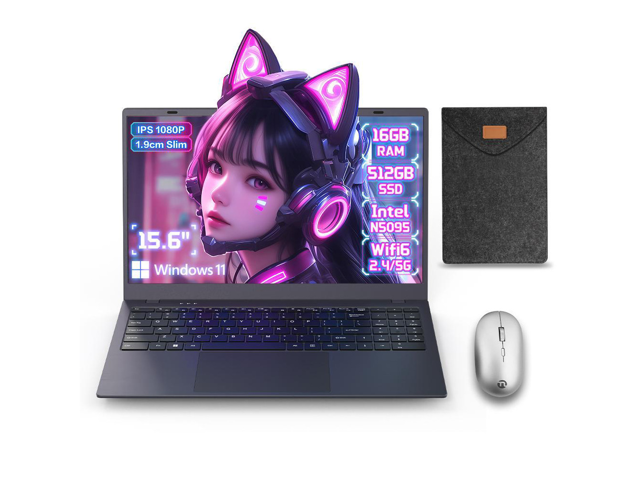 Ningmei NL100P Laptop Computer, 15.6 Inch Notebook with Intel Quad-Core N5095(Up to 2.9GHz), 16GB DDR4 512GB SSD, Long Battery Life, Windows 11 Laptops for Business Student Light Gaming