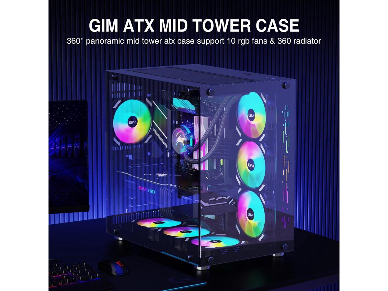 GIM ATX Mid-Tower PC Case Black 10 Pre-Installed 120mm RGB Fans Gaming ...