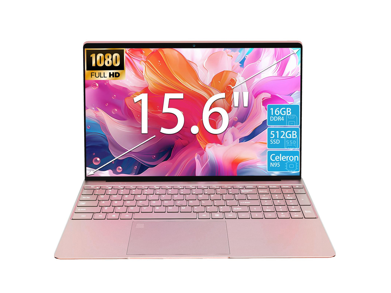 KurieTim 15.6" Laptop, Windows 11 Laptop Computer,16GB DDR4 512GB SSD, Quad-Core N95 Processor(Up to 3.4GHz), 180°Open Angle, Support WiFi, USB3.0x2, Rose Gold