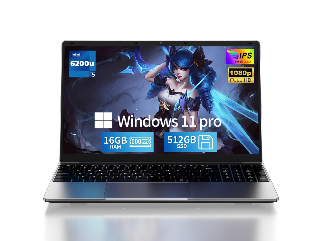 NIAKUN 2026 Laptop Computer 15.6" FHD IPS, 16GB RAM 512GB SSD, 2-Core i5-6200U up to 2.8GHz, Win 11 Pro, 3.5 lbs, Backlit Keyboard, Silver, Dual USB 3.0, Mini HDMI,TF Card Slot, Wi-Fi, BT 4.2