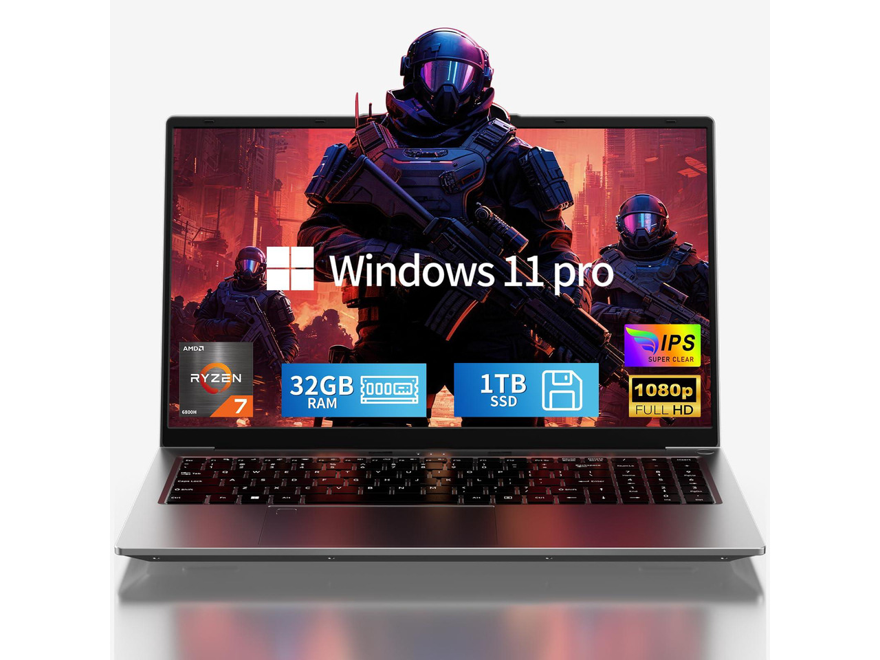 NIAKUN 2026 15.6" FHD Gaming Laptop: AMD Ryzen 7 6800H 45W TDP, 32GB RAM, 1TB NVMe SSD, Win 11 Pro, Keyboard, 6 Ports, Lightweight 3.5lb for Gaming, Students, Programming, Video Editing