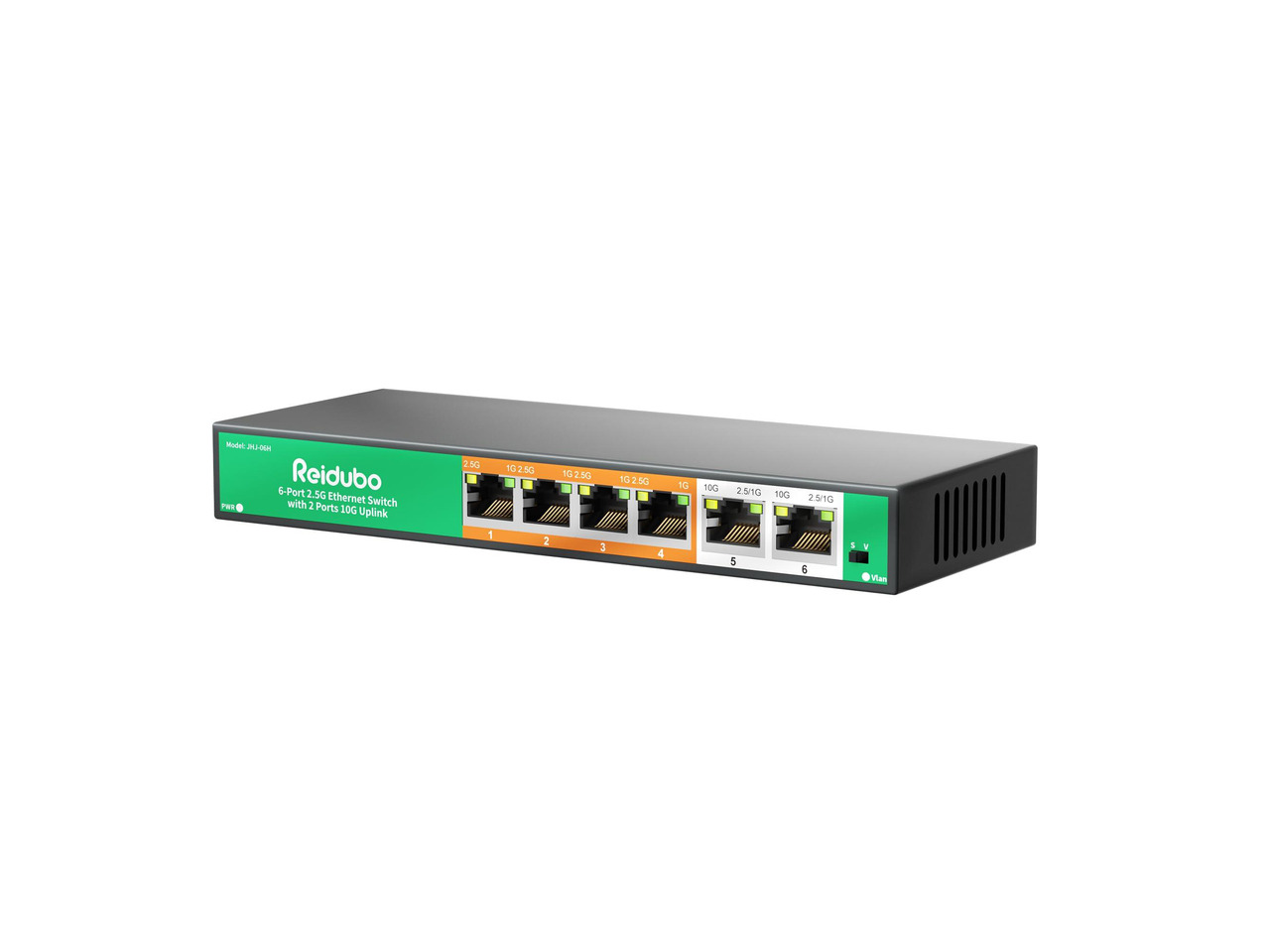 6-Port 10Gb Ethernet Switch Unmanaged, 2 x 10Gb RJ45 Uplink Ports + 4 x 2.5Gb Base-T Ports, Compatible with 10G/5G/2.5G/1G, Fanless Metal , VLAN, Plug-and-Play Network Switch for NAS, AP, PC