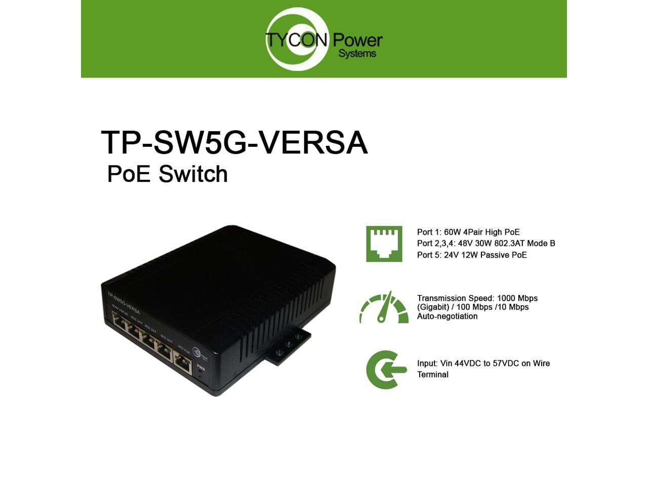 Tycon PoE switch TP-SW5G-24 w/ 5 gigabit ports up to 35W per port and DC power 