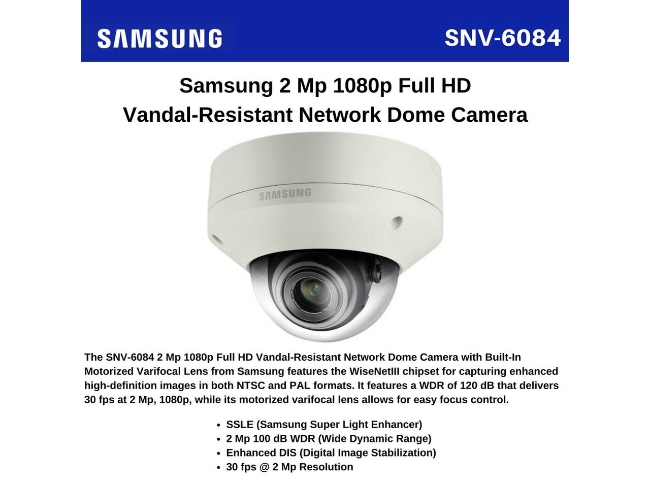 Samsung WiseNetIII SNV-6084 2.4 Megapixel Network Camera - Color ...
