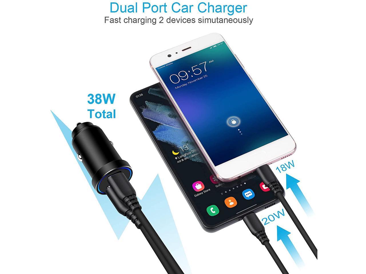 HUHUTA 38W Dual Port Fast Car Charger Adapter with PD&QC 3.0 Compatible with Samsung Galaxy S21/S20/S20 FE/S10/S9/Note 20 iPhone 12/12 Pro/12 Mini/11/11 Pro/XR/XS USB C Car Charger 6ft Type C Cord 