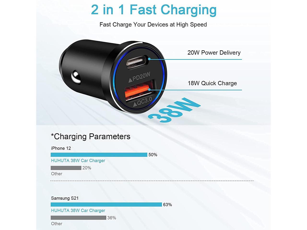 HUHUTA 38W Dual Port Fast Car Charger Adapter with PD&QC 3.0 Compatible with Samsung Galaxy S21/S20/S20 FE/S10/S9/Note 20 iPhone 12/12 Pro/12 Mini/11/11 Pro/XR/XS USB C Car Charger 6ft Type C Cord 