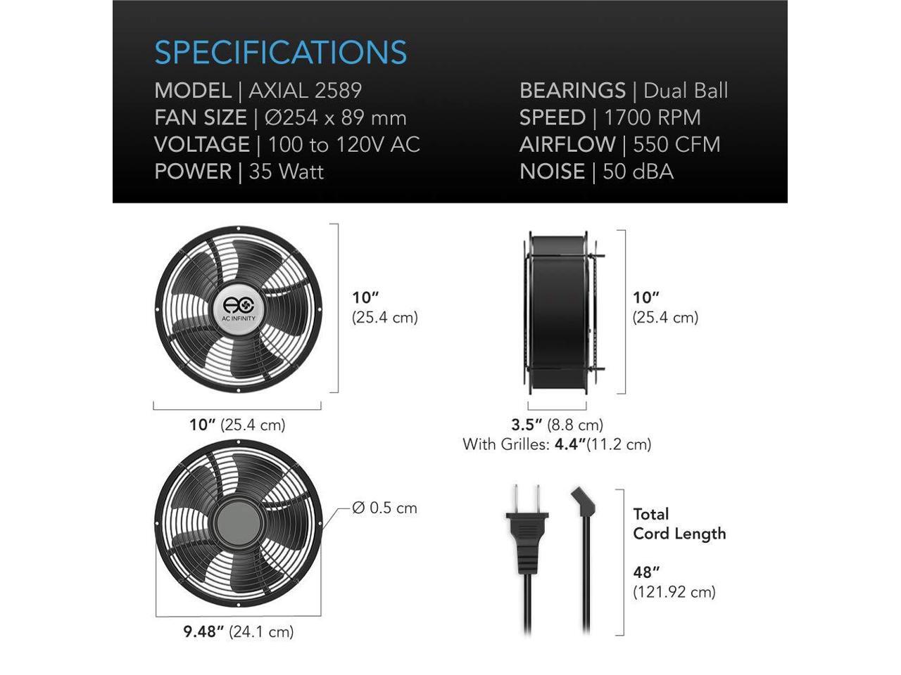 AC Infinity AXIAL 2589, Muffin Fan 10", 120V AC ?254mm x 89mm High Speed, for DIY Cooling
