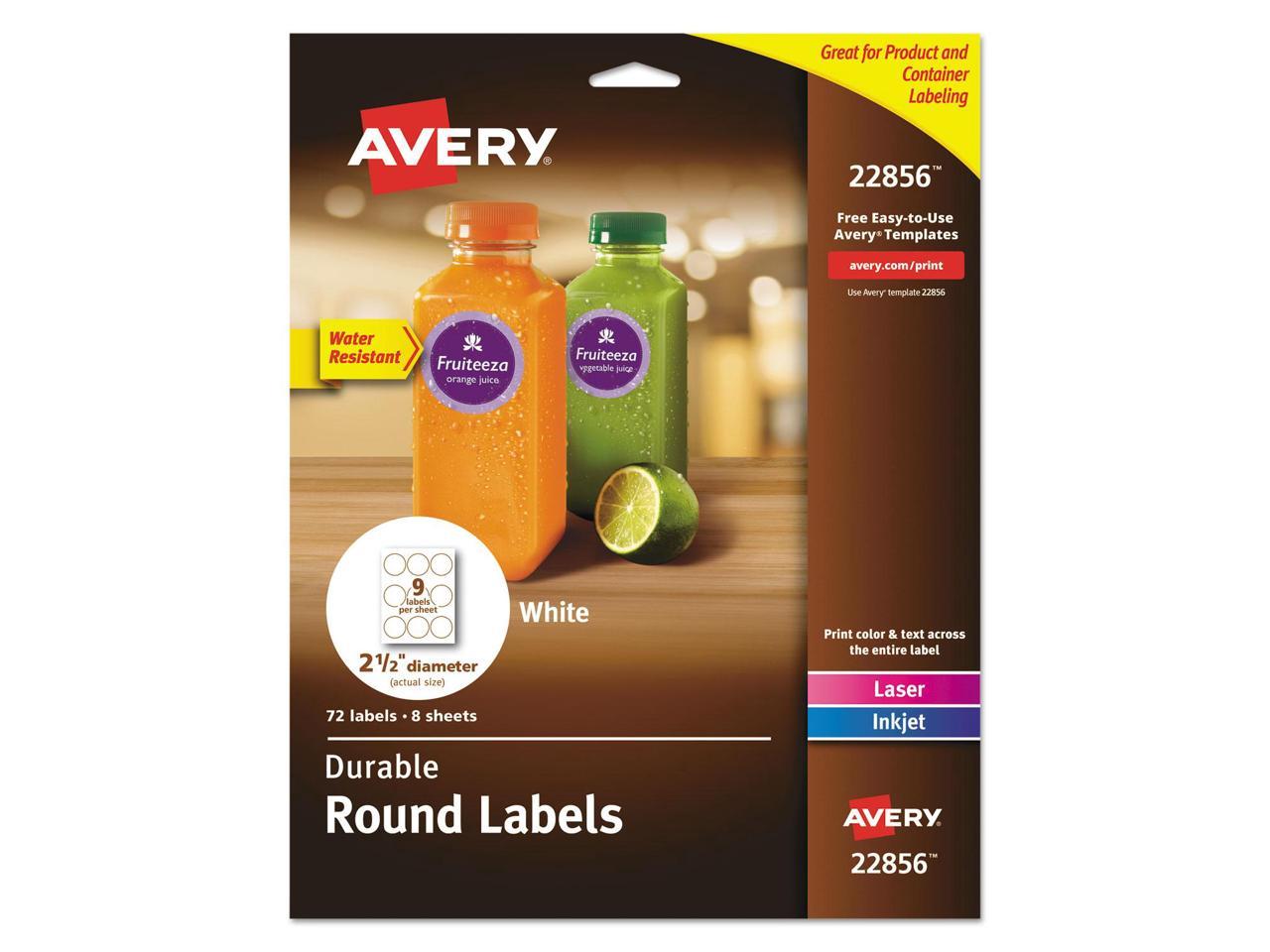 72 Customizable Labels 2.5 Diameter White 22856 Avery Printable Waterproof Round Labels with Sure Feed 
