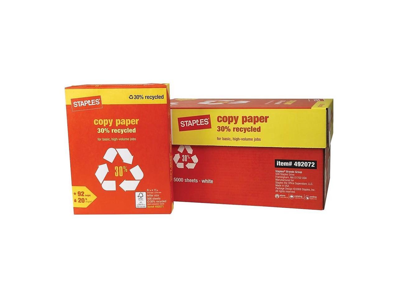 Staples 492071 30% Recycled 8.5-Inch X 11-Inch Copy Paper 20 Lbs 92 Brightness 500/Rm 