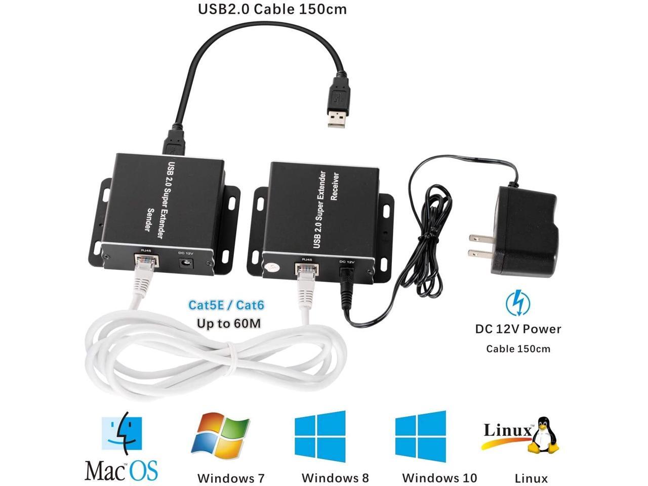 ESDS USB Extender Over Cat5E/6 up to 196ft, USB2.0 Over Cat6 Cat5E