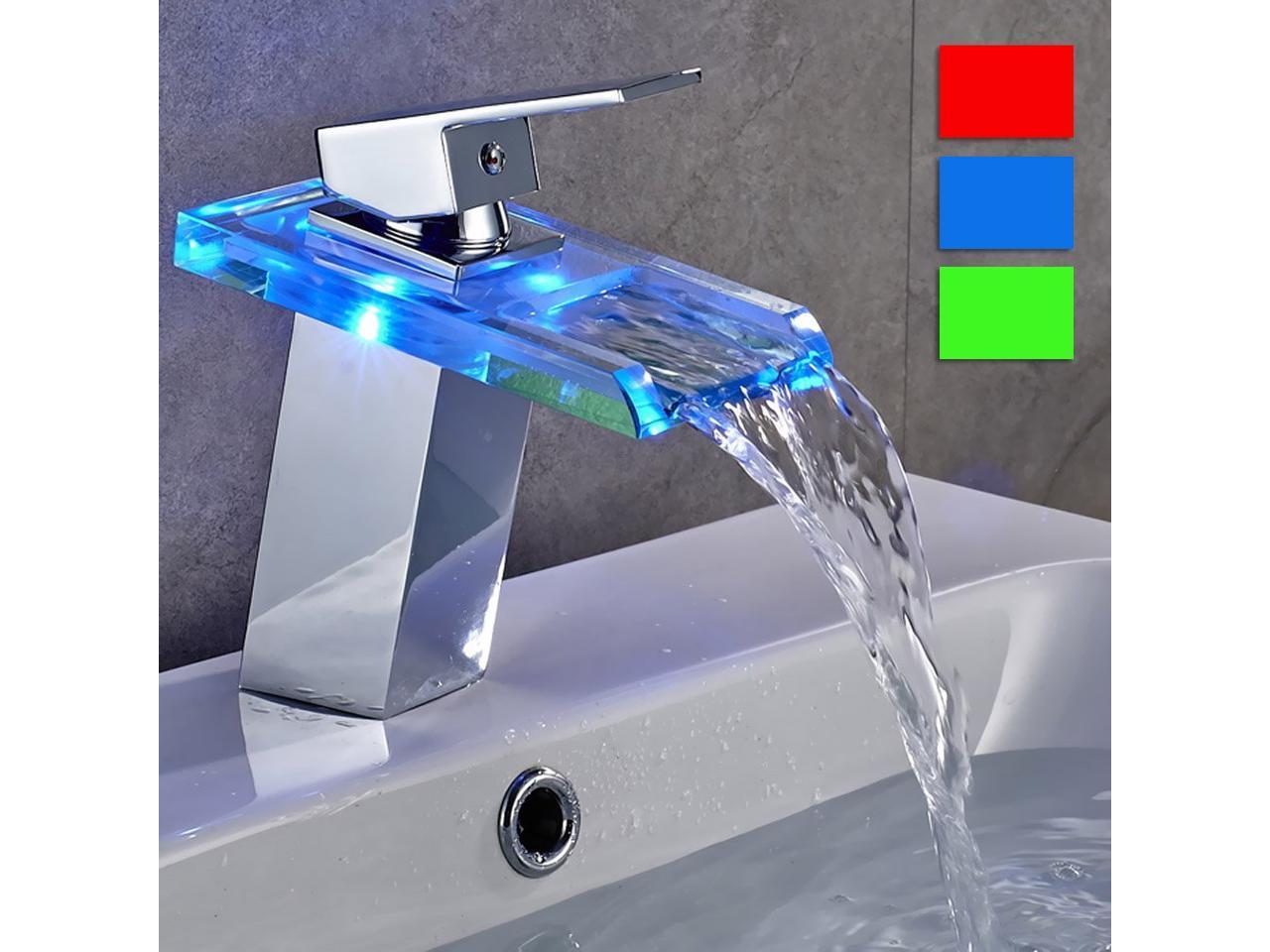 Water Powered Bathroom LED 3 Color Changing Waterfall Spout Basin Sink Tap Mixer 