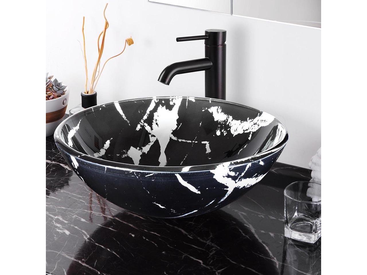 Tempered Glass Round Vessel Sink Artistic Marbling Pattern Above Tempered Glass Round Vessel Sink Artistic Marbling Pattern Above
