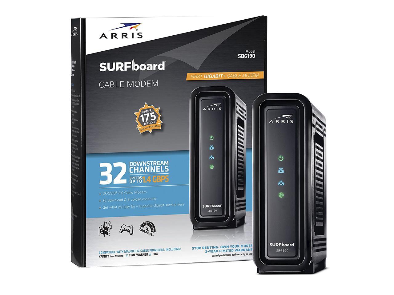 ARRIS Surfboard SB6190 32x8 DOCSIS 3.0 Cable Modem with 1.4 Gbps Download and 262 Upload Speeds Renewed White Non-Retail Packaging 