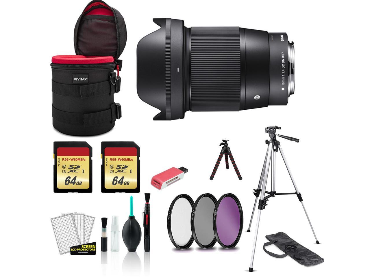 5 Items Sigma 16mm f/1.4 DC DN Contemporary Lens for Canon EF-M w/ 64GB Extreme PRO SD Card Bundle