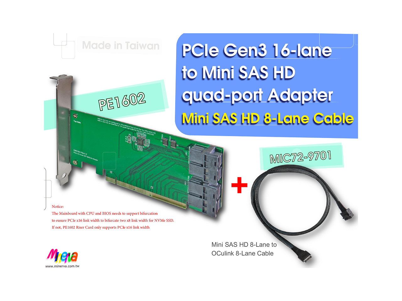 PCIe x16 Gen3 to Mini SAS HD (SFF8643) quadport Adapter with Mini SAS