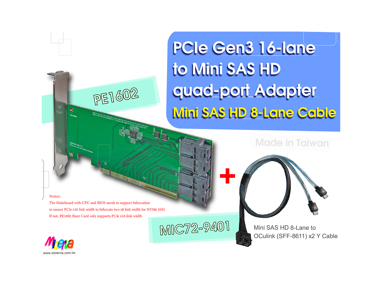 PCIe x16 Gen3 to Mini SAS HD (SFF8643) quadport Adapter with Mini SAS