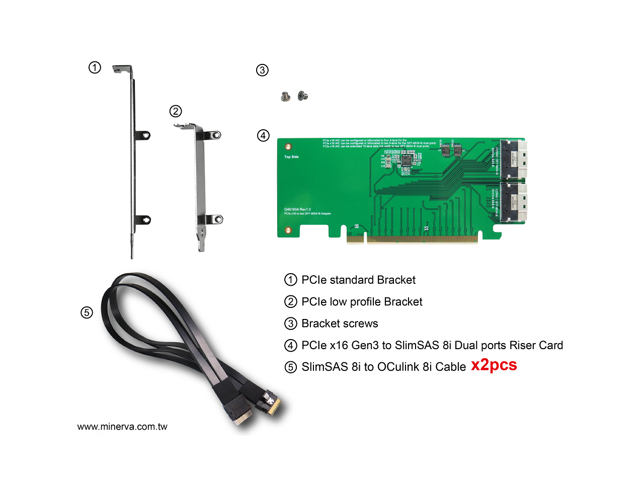 PCIe x16 Gen3 to SlimSAS (SFF8654) Dual ports Riser Card with SlimSAS
