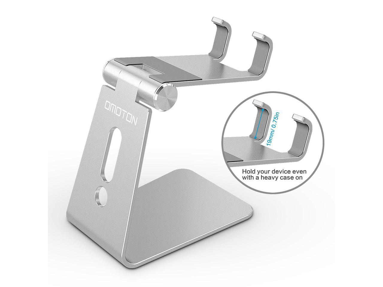 Adjustable Cell Phone Stand OMOTON Aluminum Desktop Cellphone Stand with Anti-Slip Base and Convenient Charging Port Silver Fits All Smart Phones