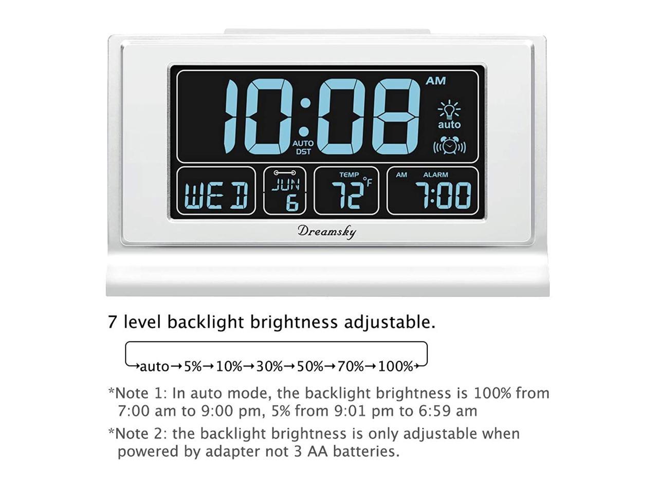 Snooze. Auto DST Setting Gray DreamSky Auto Set Digital Alarm Clock with USB Charging Port 6.6 Inches Large Screen with Time/Date/Temperature Display Full Range Brightness Dimmer