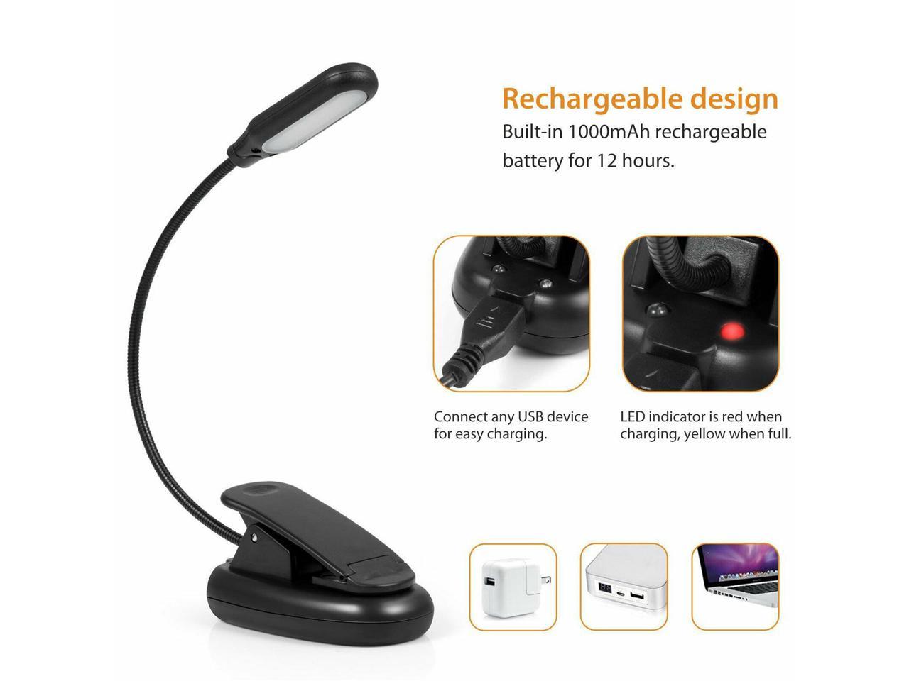 USB Rechargeable Book Light 5 LEDs Clip-on Reading Light 3000/5000/6000K,Battery 