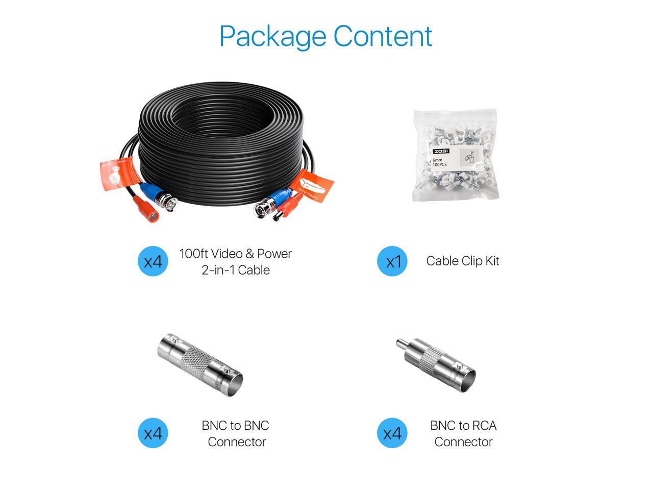 ZOSI 4 Pack 100ft (30 Meters) 2in1 Video Power Cable, BNC Extension