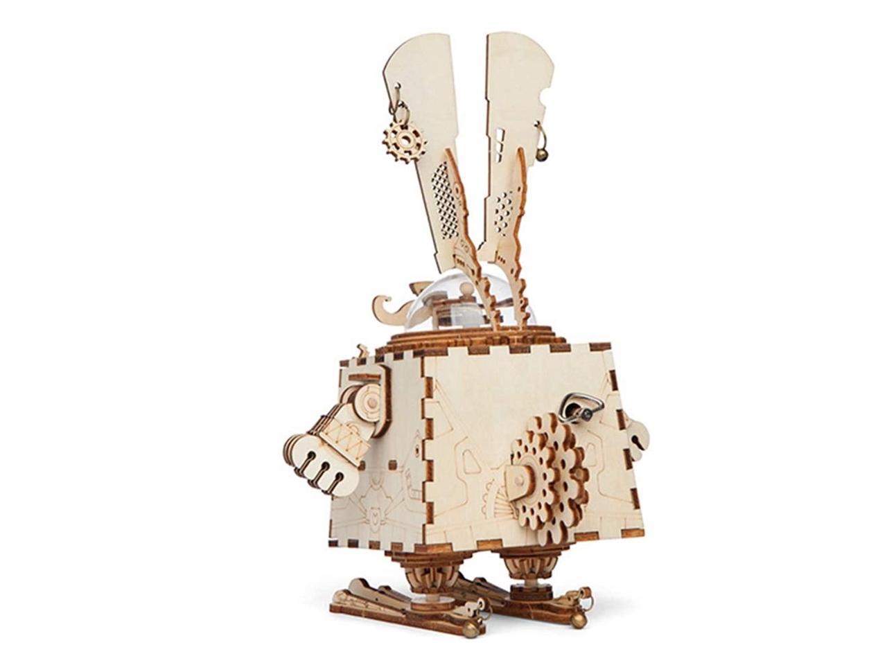 ROBOTIME 3D Laser Cut Wooden Puzzle Music Box Kit DIY Robot Toy RoboBunny Craft 