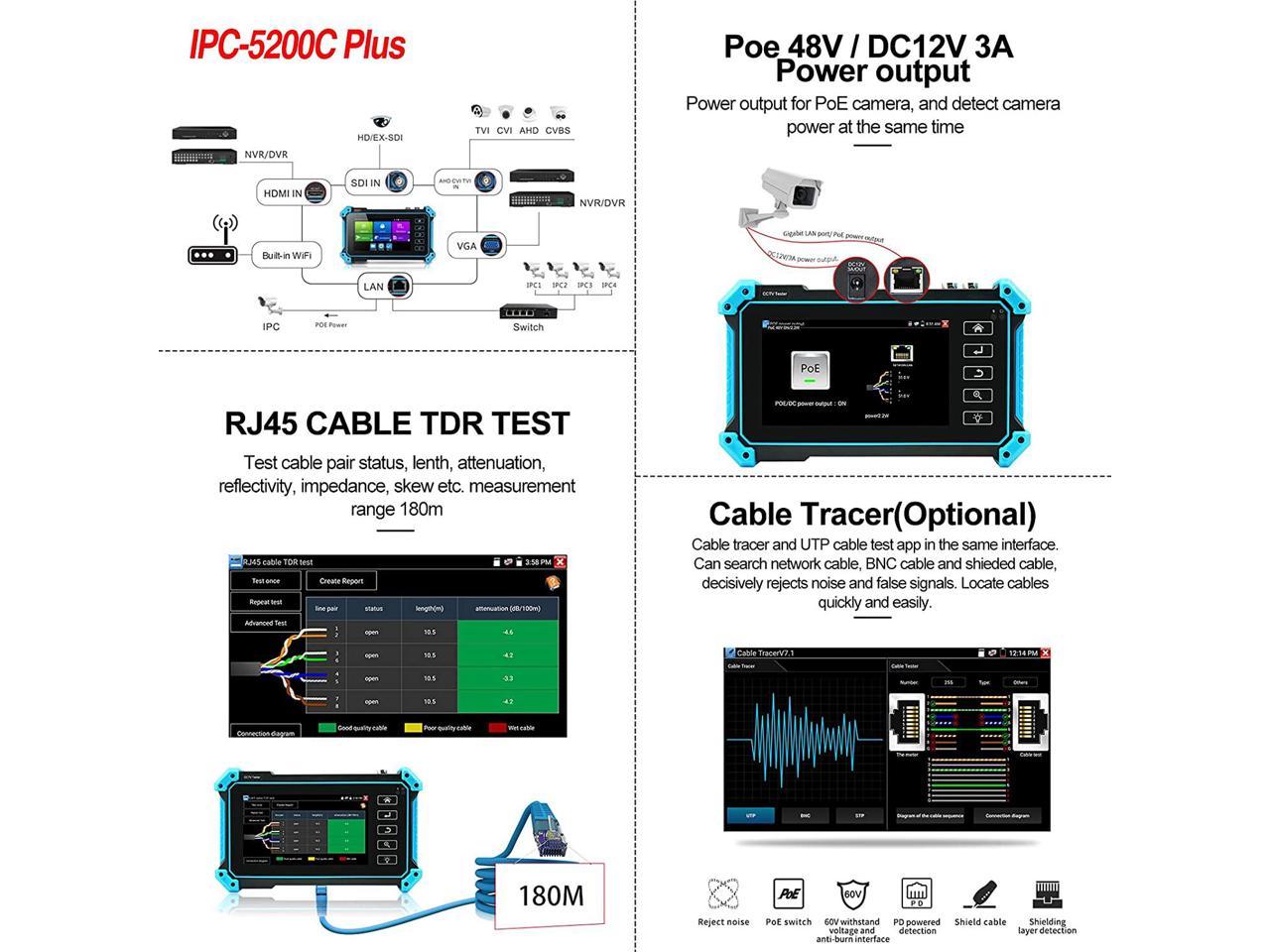 5" IPS 4K Touch Screen CameraTester CCTV SDI AHD CVI TVI Test POE IPC 5200 Plus 