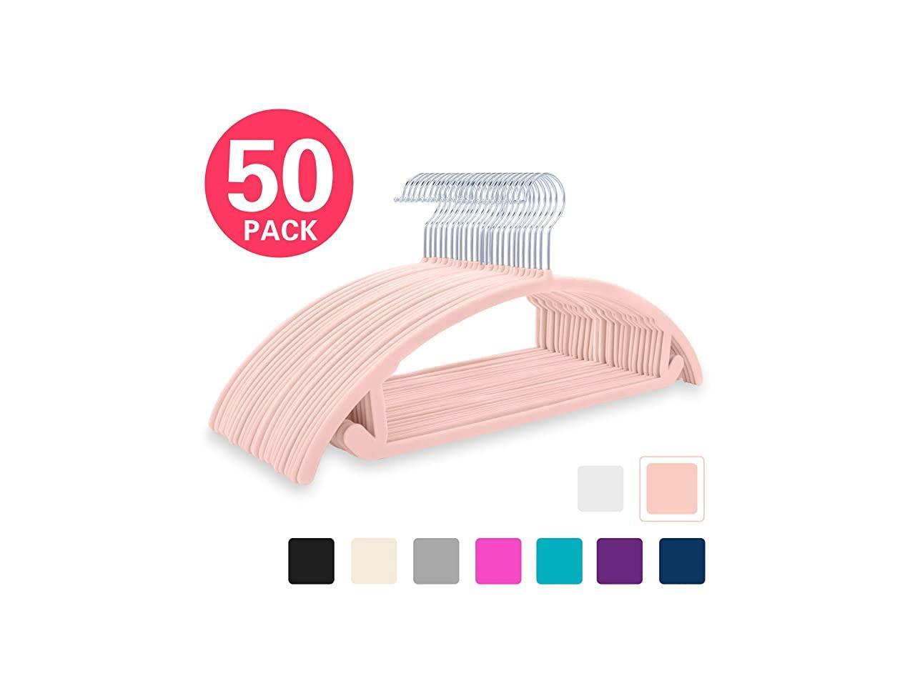 Pack of 50 Blush Pink MIZGI Velvet Hangers Chrome Hooks,Space Saving Clothes Hangers,Rounded Hangers for Coat,Sweater,Jackets,Pants,Shirts Heavyduty- Non Slip No Shoulder Bump Suit Hangers 