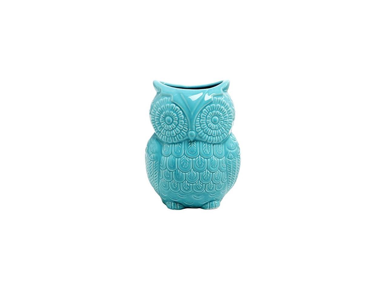 Aqua Blue Owl Design Ceramic Cooking Utensil Holder/Kitchen Storage Crock 