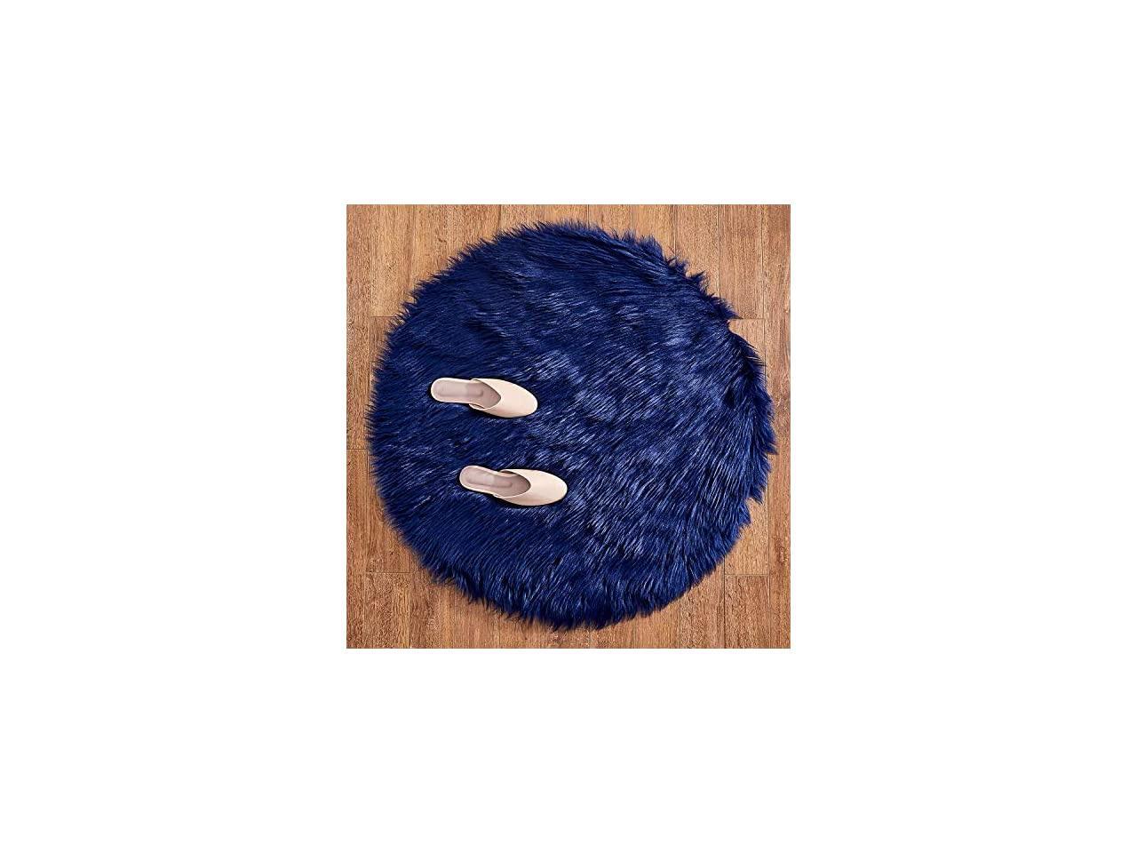 Faux Fur Navy Blue Round Area Rug Indoor Ultra Soft Fluffy Bedroom Floor Sofa Living Room 3 x 3