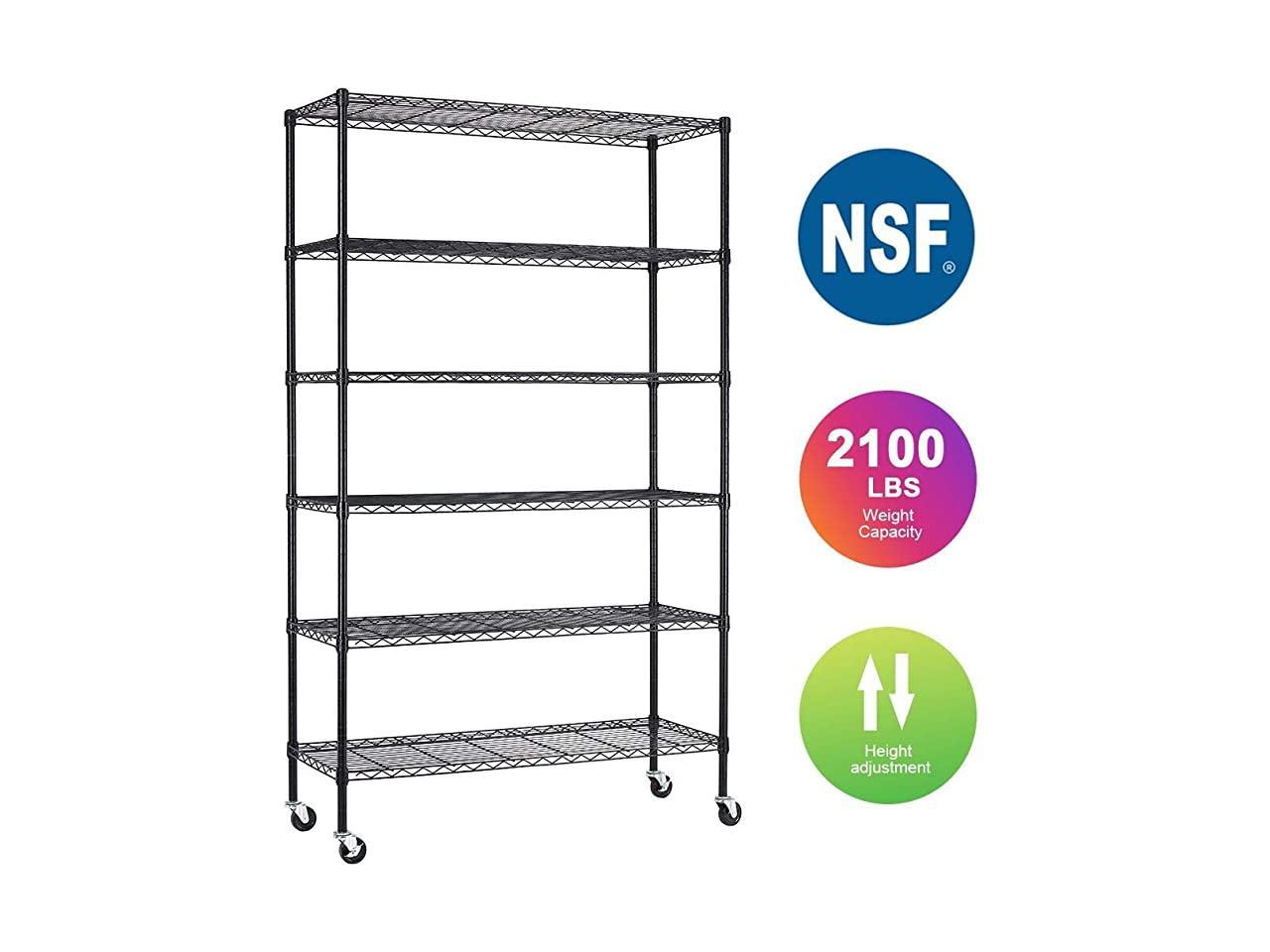 Black Storage Shelving Rack,Kitchen/Office Rack 6 Tier Wire Shelving Rack,Steel Shelf 48 W x 18 D x 82 H Adjustable Storage System With Casters/Wheels And Feet Levelers,Garage Shelving Unit 