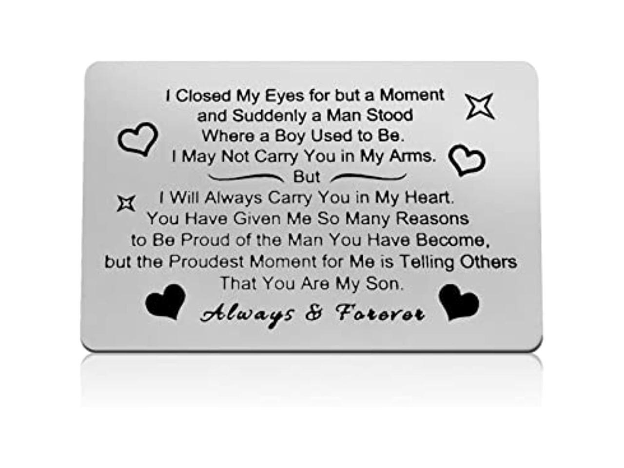 Christmas Deployment Gift for Son Stainless Steel Wallet Cards with Mini Love Note for Son Gifts for Son from Mom Son Birthday Card Graduation Gifts Engraved Metal Wallet Card Gift for Son 