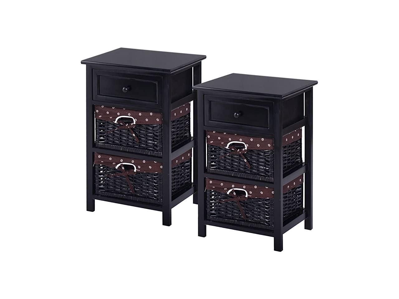 2/3/4 Tiers Modern Home Wooden Storage End Nightstand Weaving Baskets Drawers US 