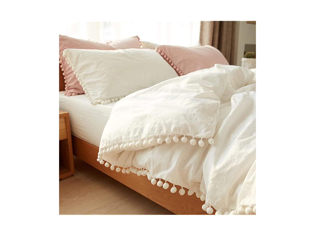 Set-3 Indian Cotton Luxury Premium Quality Bohemian Solid White Plain Doona Duvet Cover % Pom-Pom Throw Handmade Decorative 2 Pillow Cover